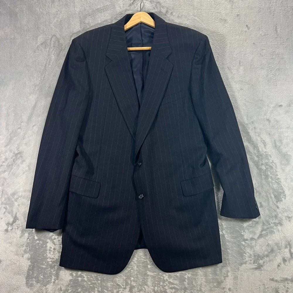Hickey Freeman Blazer Mens 42R Navy Blue Pinstripe Wool Sport Coat Vintage Hole